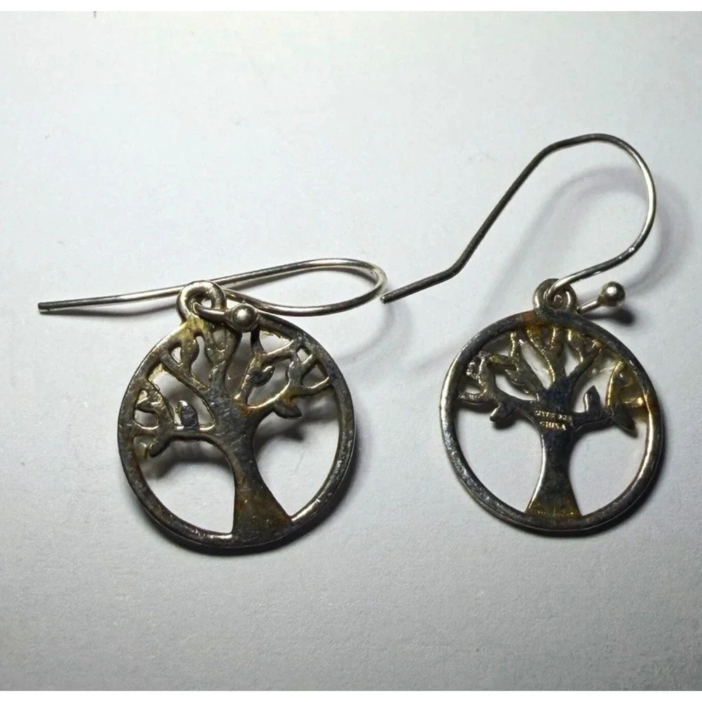 Sterling Silver 925 Tree of Life Circle Drop Hook Earrings Nature Jewelry